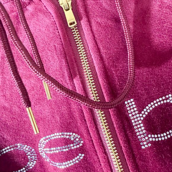 Y2K Bebe Velour Rhinestone Zip-Up Hoodie | Maroon Track Jacket Bling XS - Picture 5 of 9